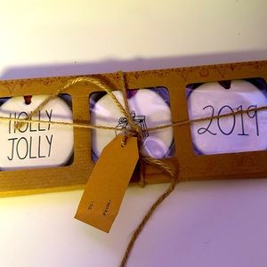 Rae Dunn HOLLY JOLLY PRESENT GIFT ICON 2019 Christmas Ornaments 2 inch Flat Disc